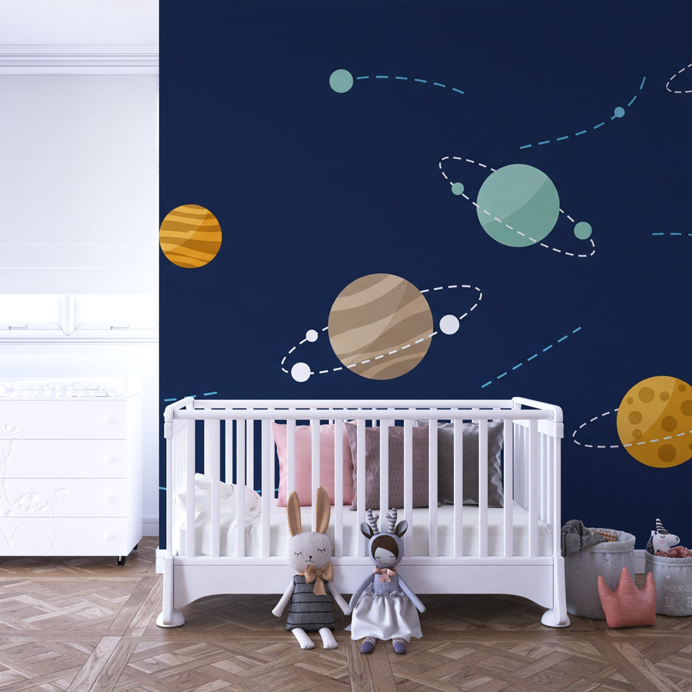 Colorful cosmic planets wallpaper transforming nursery into space observatory decor