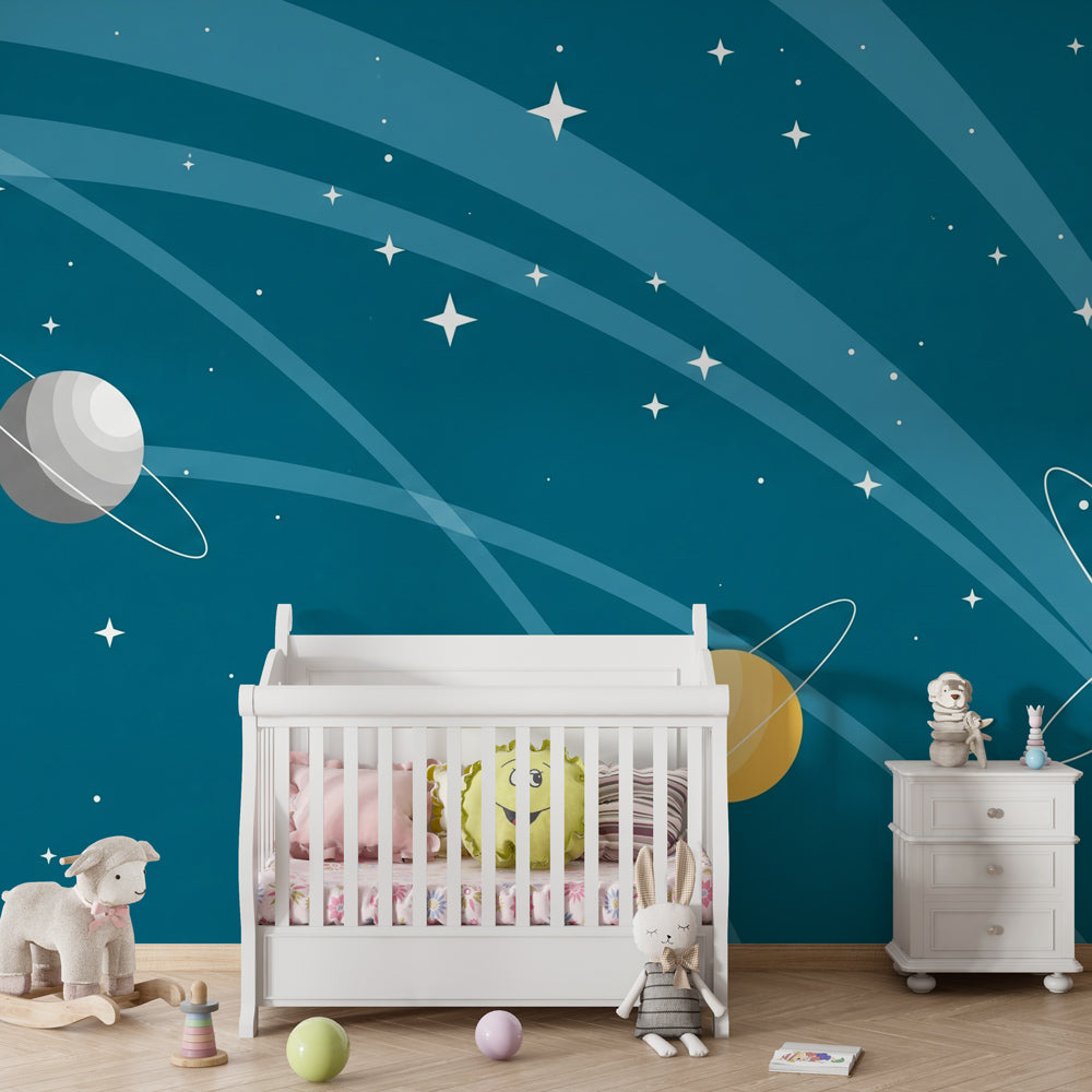 Cosmic universe wallpaper with colorful planets decorating peaceful nursery space