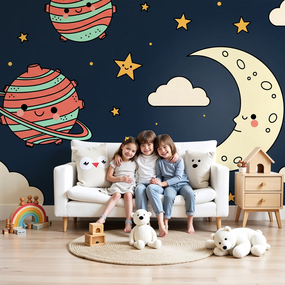 Space planets mural wallpaper with happy moon creating magical nursery decor by Kids-Mundo