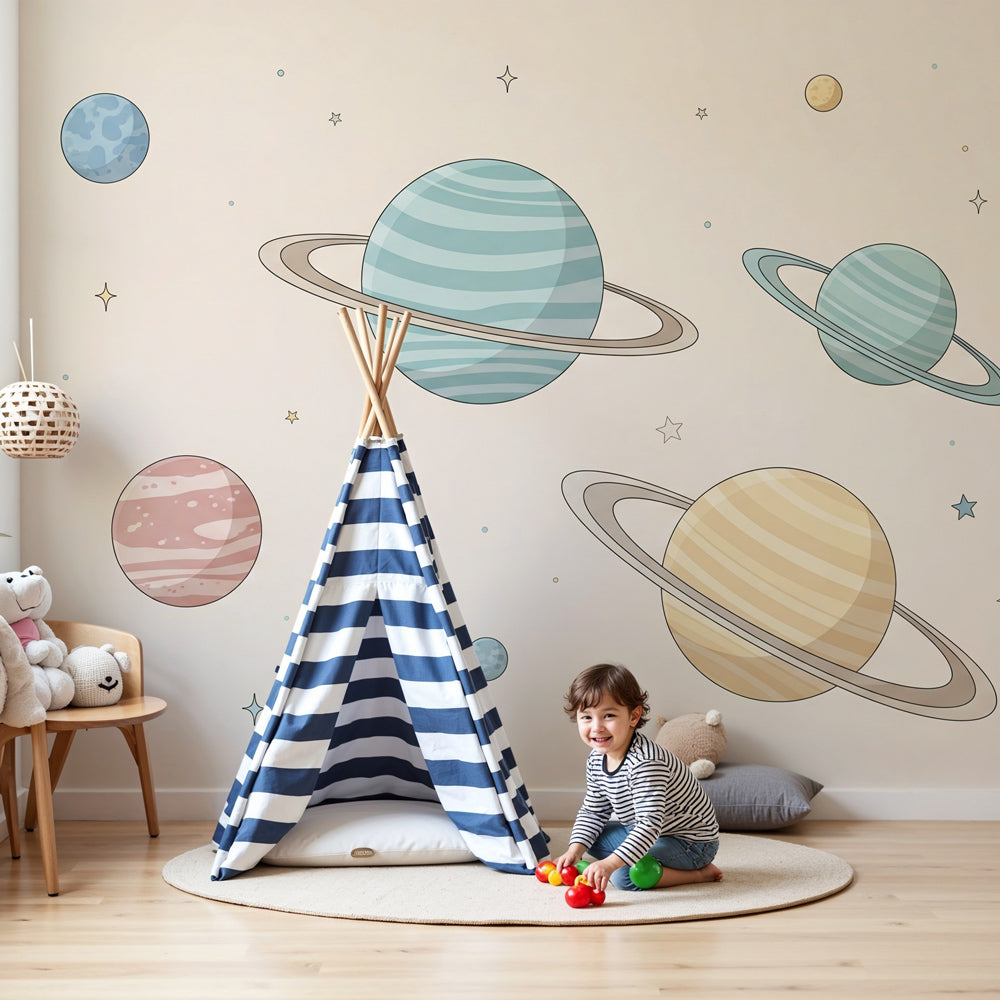 Space planets mural wallpaper with pastel colors in modern nursery room by Kids-Mundo