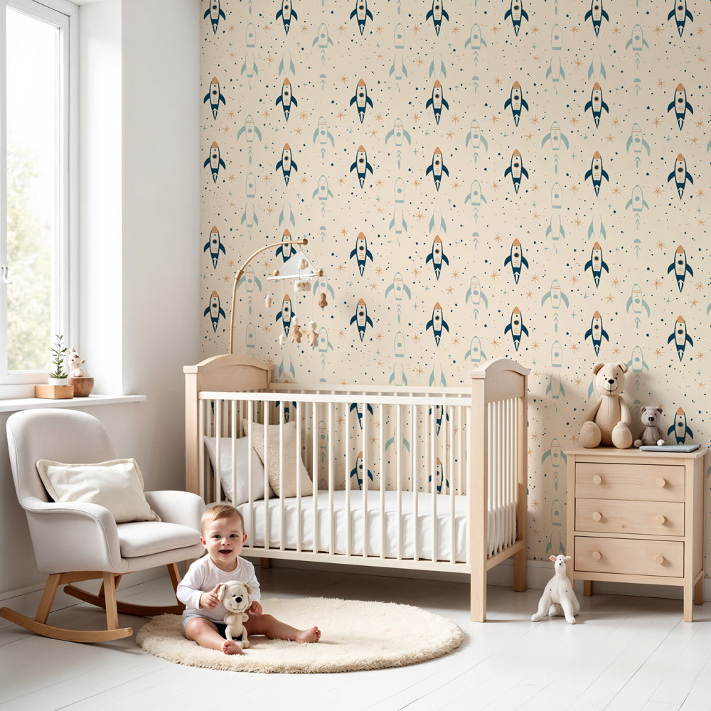 Space rocket mural wallpaper with colorful rockets and stars in modern kids bedroom by Kids-Mundo