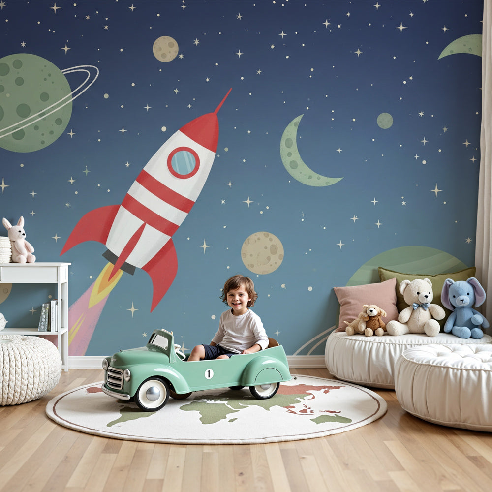 Colorful space rocket mural wallpaper creating cosmic adventure atmosphere in modern kids bedroom by Kids-Mundo