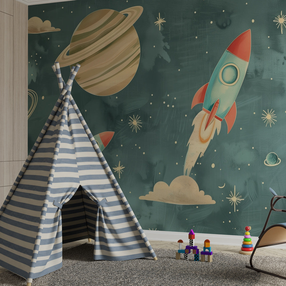 Colorful space-themed mural wallpaper creating cosmic adventure in kids bedroom