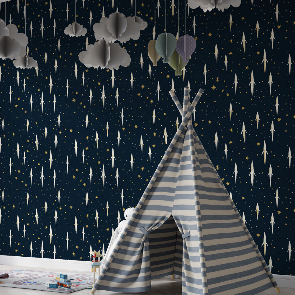 Astronaut themed mural wallpaper creating cosmic atmosphere in children's bedroom with space decor