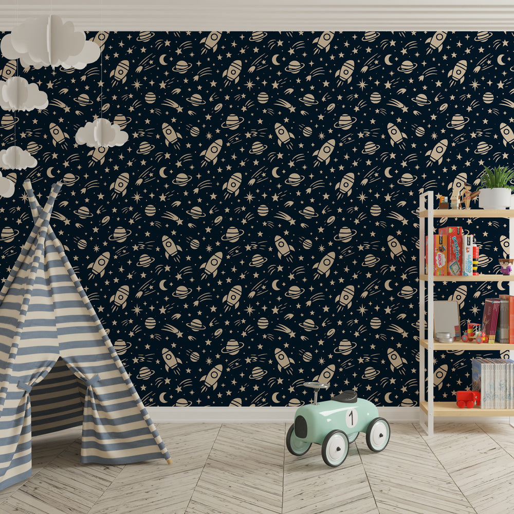 Children's space wallpaper creating cosmic adventure atmosphere in kids bedroom