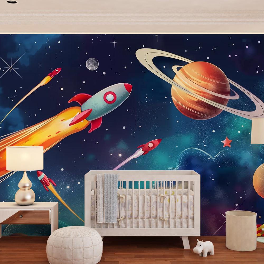 Galaxy themed rocket wallpaper creating cosmic adventure in children's bedroom