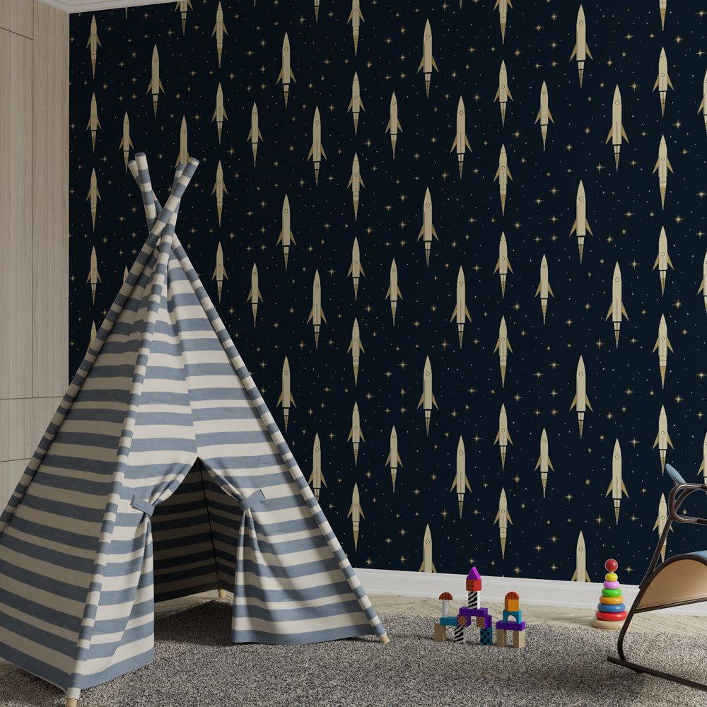 Space rocket wallpaper creating cosmic atmosphere in children's bedroom decor