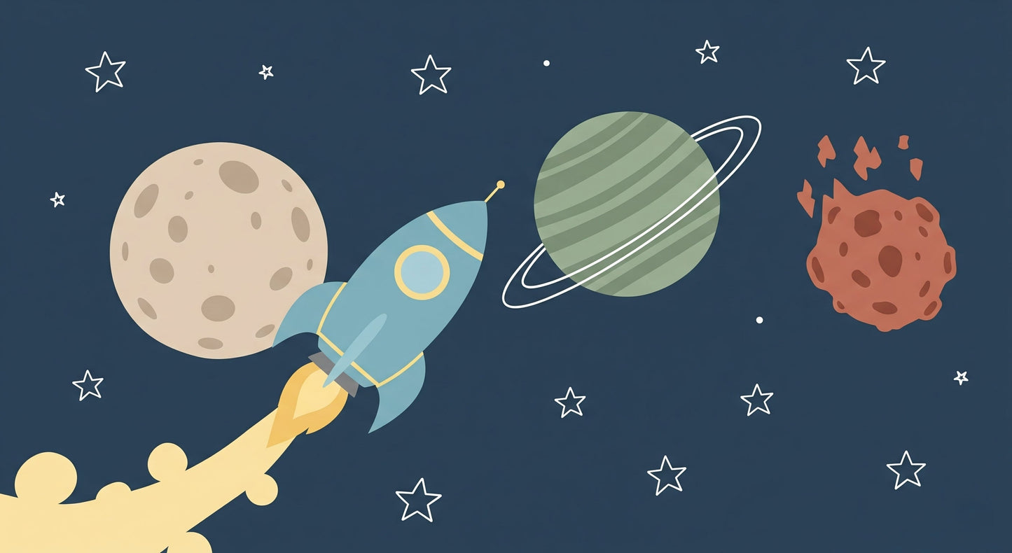 Detailed space rocket and planets mural wallpaper design pattern by Kids Mundo