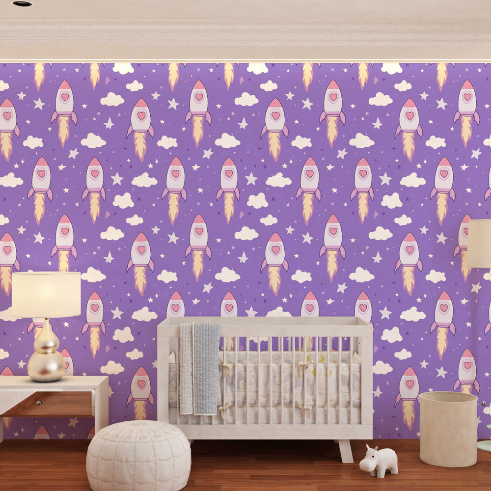 Purple space rocket wallpaper creating cosmic adventure theme in children's bedroom