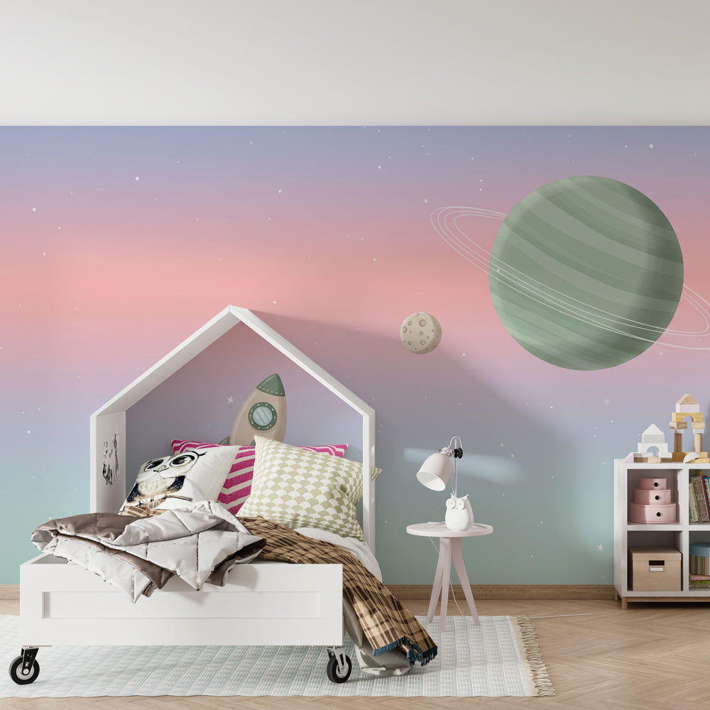 Intergalactic adventure wallpaper creating cosmic children's bedroom decor with pastel colors