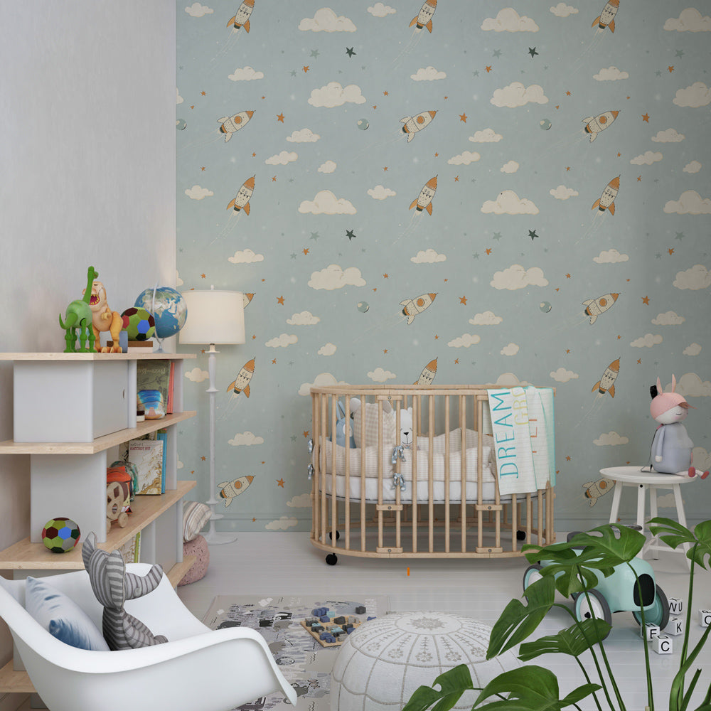 Rocket and stars mural wallpaper transforming modern children's bedroom into cosmic adventure space