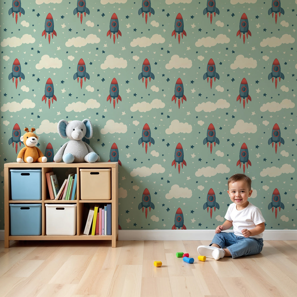 Colorful space rocket mural wallpaper in modern nursery setting by Kids-Mundo