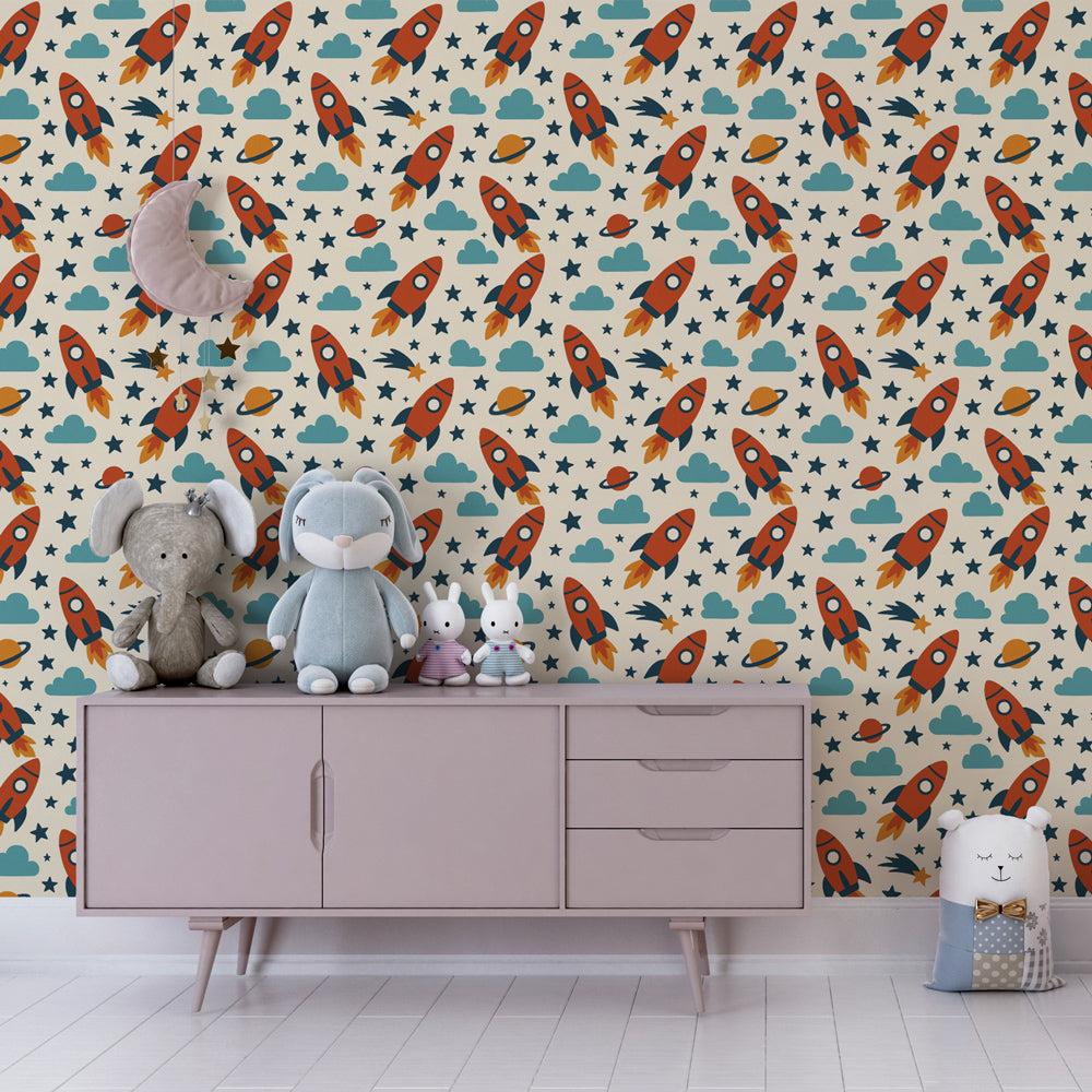 Astronaut themed wallpaper creating cosmic nursery decor with vibrant rockets and stars