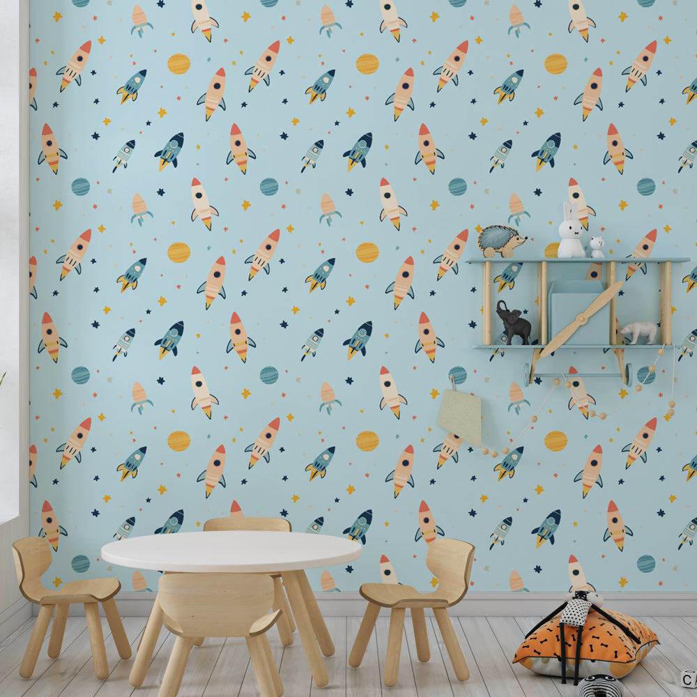 Colorful rocket wallpaper creating cosmic nursery decor with twinkling stars and planets