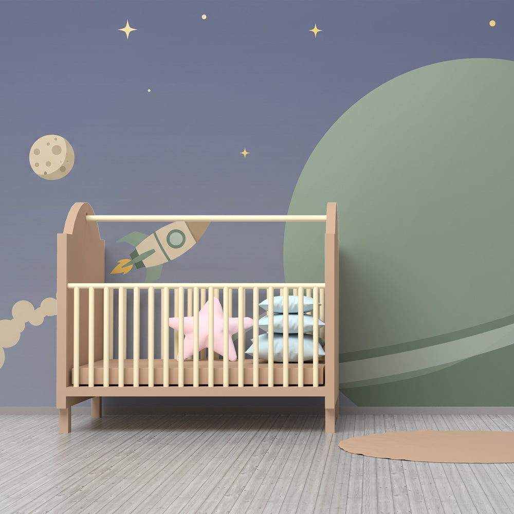 Rocket and planet themed mural wallpaper transforming nursery into space exploration zone