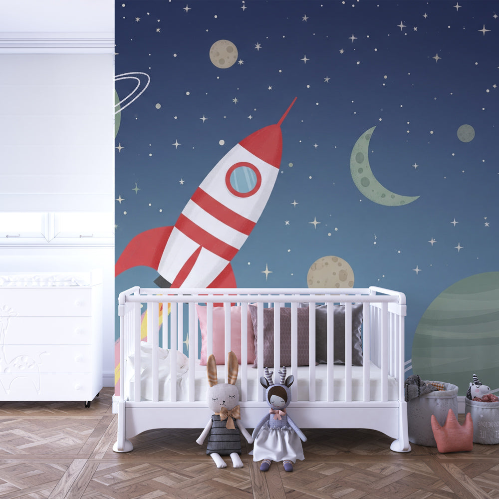Galaxy themed rocket wallpaper with planets and stars decorating nursery wall for space-loving children