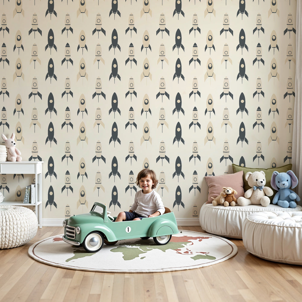 Colorful space rocket mural wallpaper in modern nursery room by Kids-Mundo