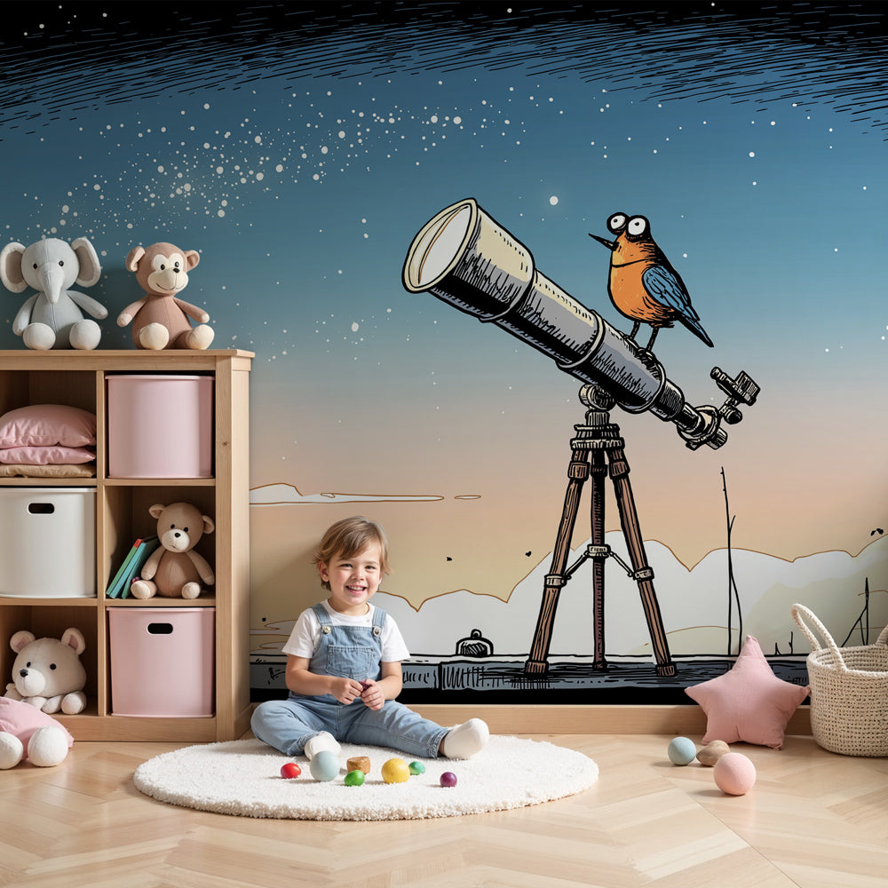Space telescope mural wallpaper with bird in modern kids bedroom by Kids-Mundo