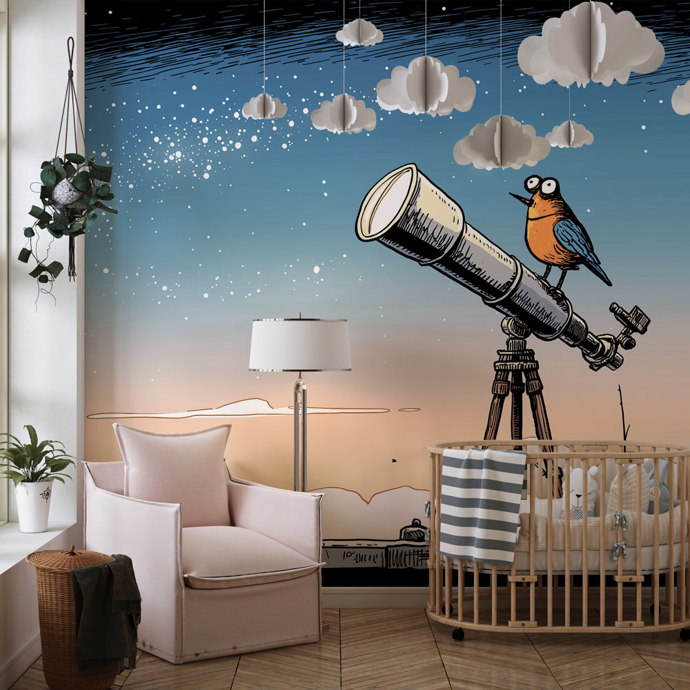 Cosmic bird telescope wallpaper creating educational nursery space with starry sky