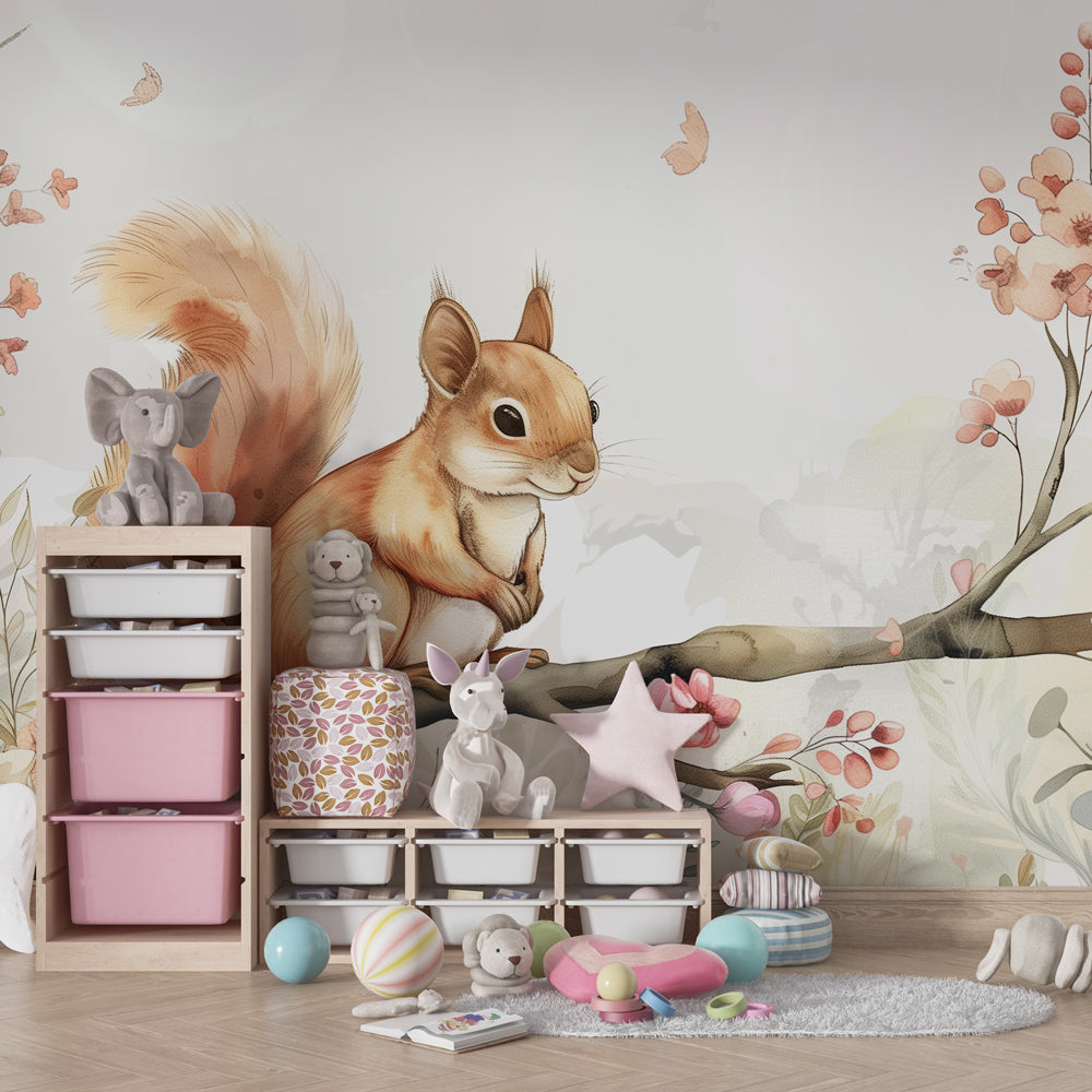 Garden squirrel wallpaper transforming toddler bedroom into magical forest retreat