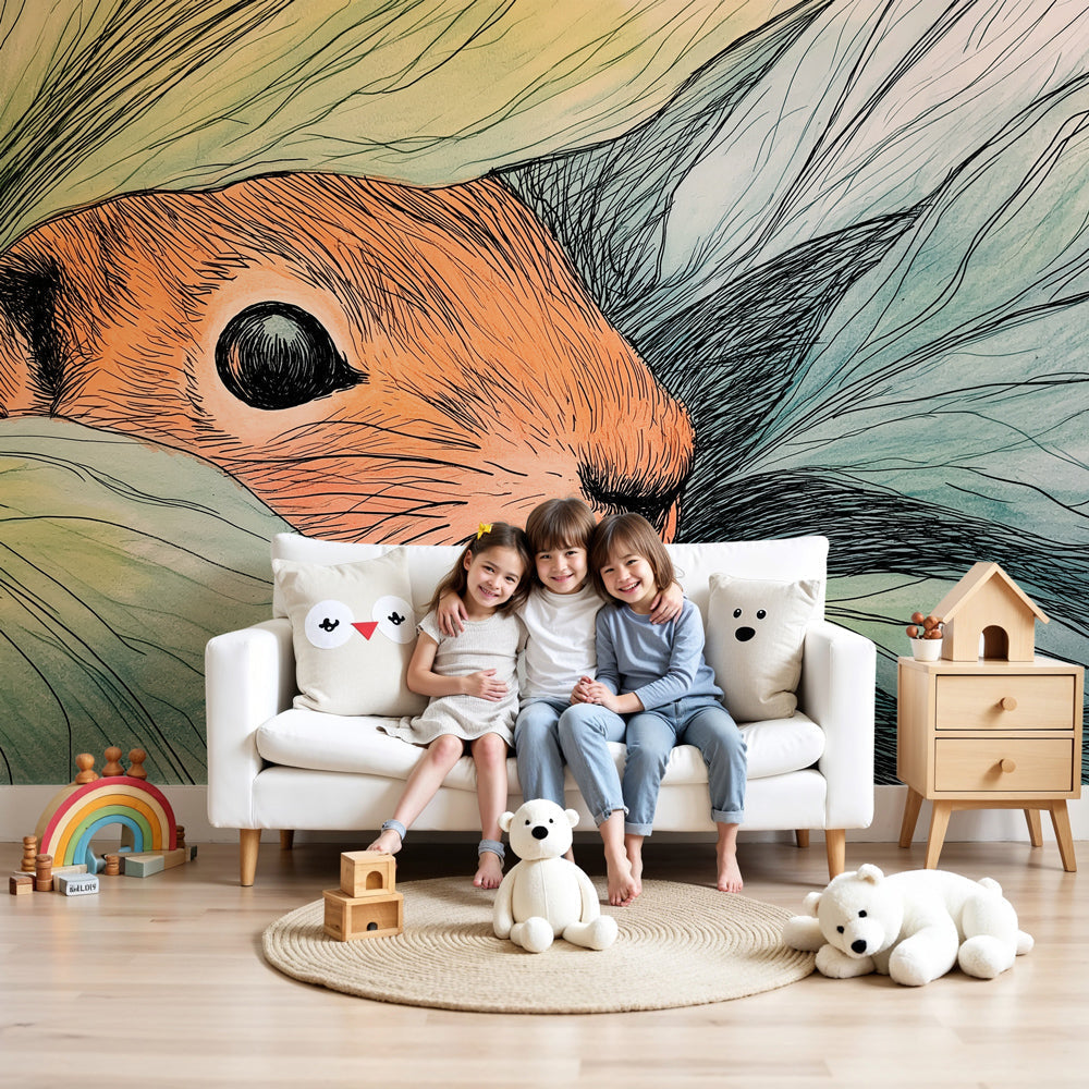 Squirrel mural wallpaper creating magical woodland nursery decor with green leaves by Kids-Mundo