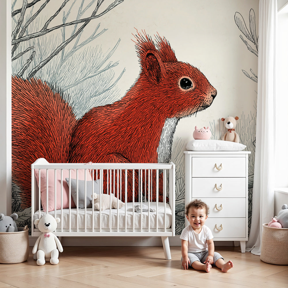 Red squirrel mural wallpaper creating peaceful woodland nursery atmosphere by Kids-Mundo