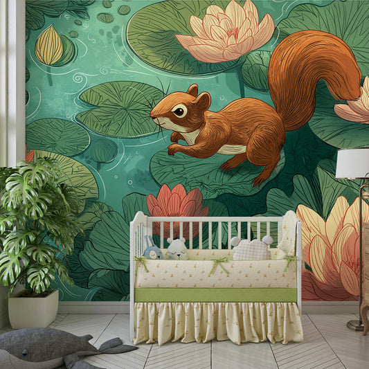 Kids-Mundo watercolour squirrel mural with lily pond styled in a kids bedroom