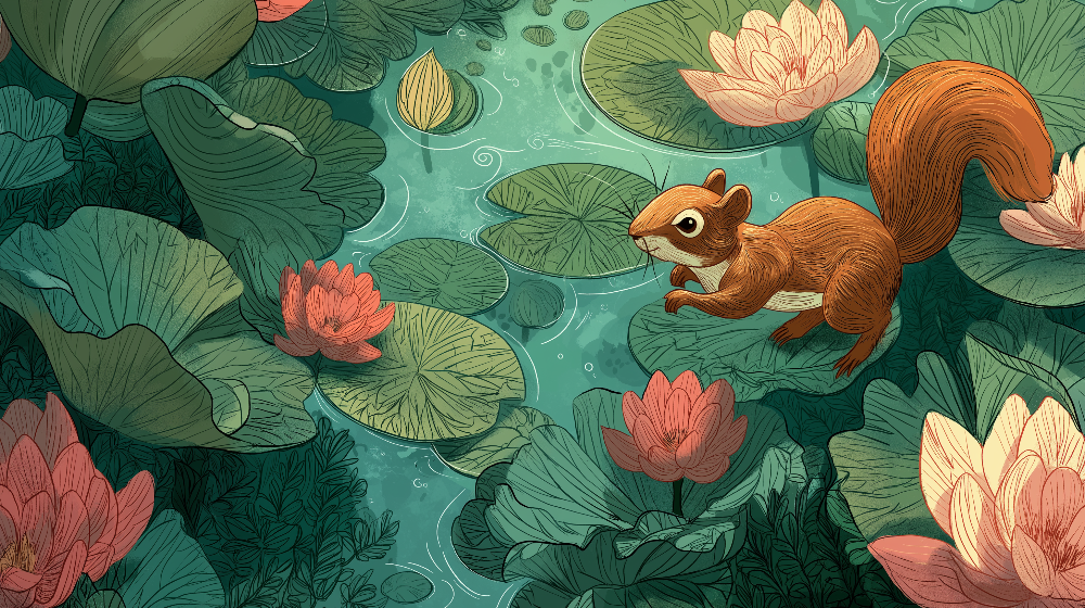 Curious Squirrel Among Water Lilies Wall Mural