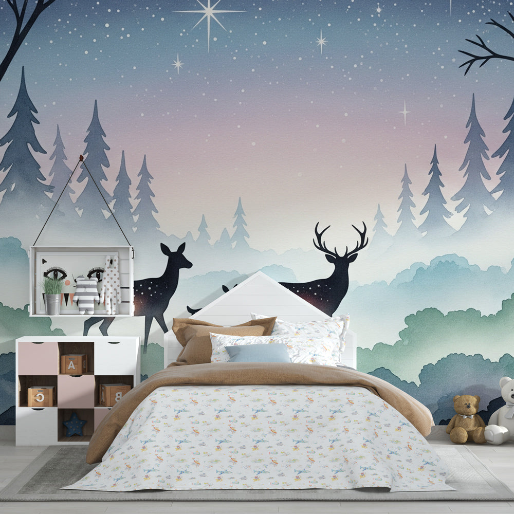 Enchanted woodland wallpaper creating magical atmosphere in children's bedroom