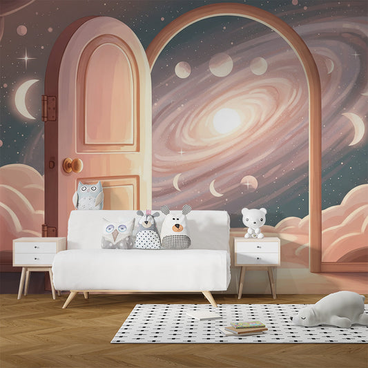 Kids-Mundo open door galaxy wall mural fitted to a cosy kids bedroom wall