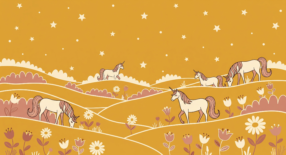 Kids-Mundo flat artwork of unicorns grazing on rolling hills under a starlit golden sky