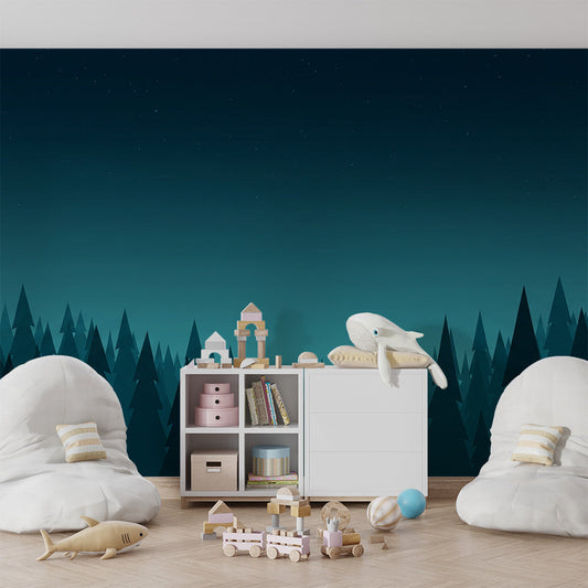 Kids-Mundo starry forest wall mural covering a feature wall in a cosy kids bedroom