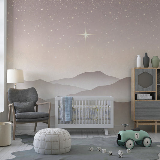 Kids-Mundo starry night mountain mural styled on a calm kids bedroom wall
