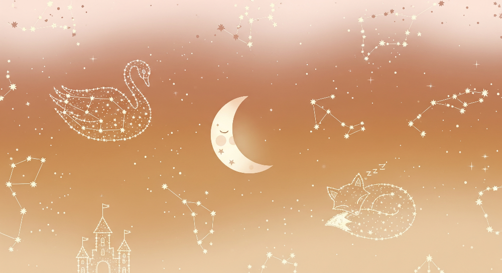 Kids-Mundo flat artwork preview of the starry constellation wall mural with swan, fox and crescent moon