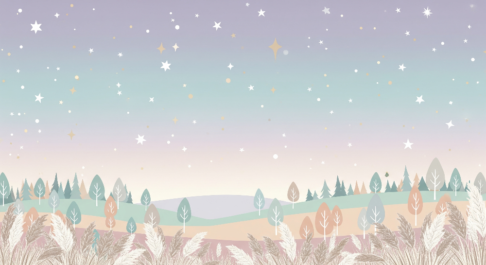 Kids-Mundo flat artwork of the pastel starry sky and forest wall mural design
