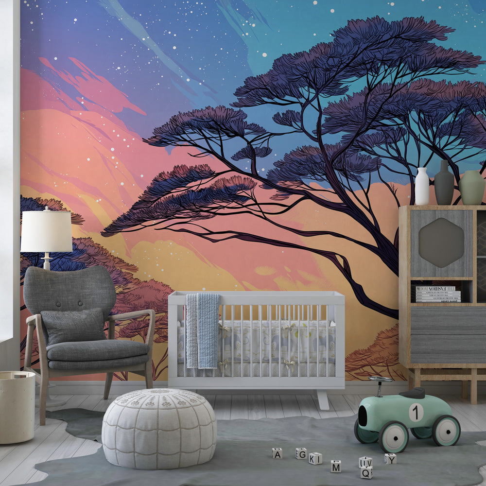 Children's bedroom featuring starry night wallpaper with pink and blue twilight colors