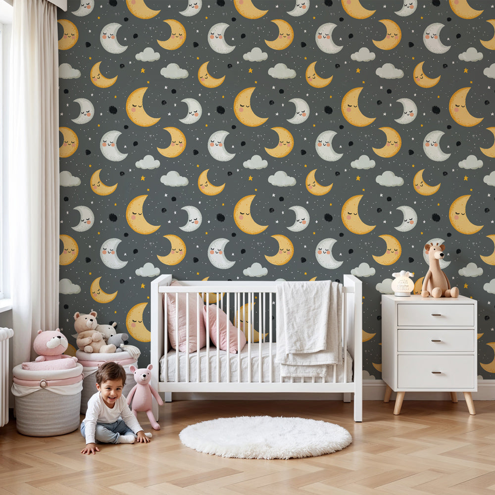Starry sky mural wallpaper with smiling moons in modern kids bedroom by Kids-Mundo