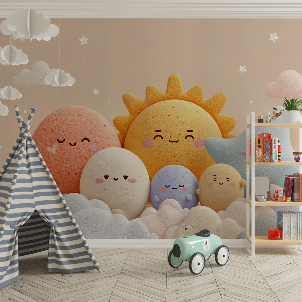 Cute celestial wallpaper featuring clouds and stars creating magical children's room atmosphere