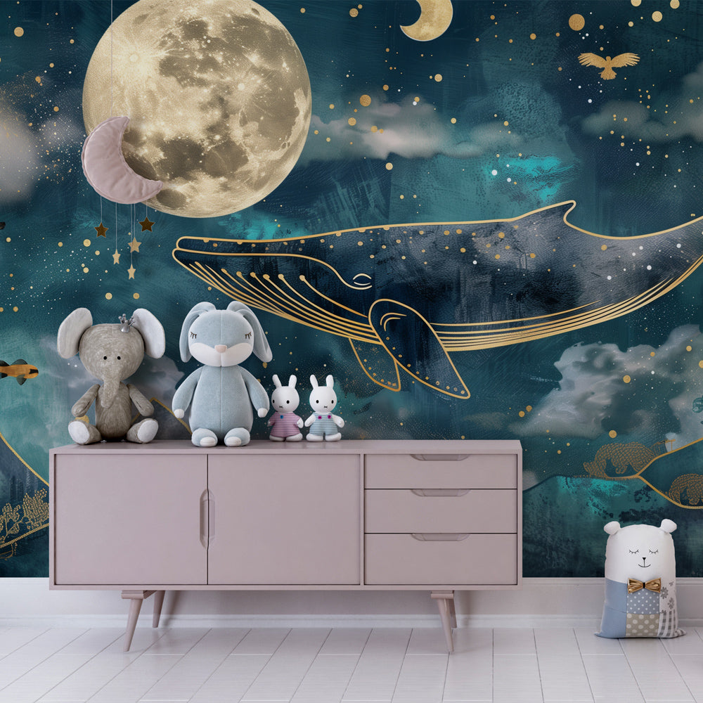 Starry whale wallpaper creating celestial ocean theme in children's bedroom decor