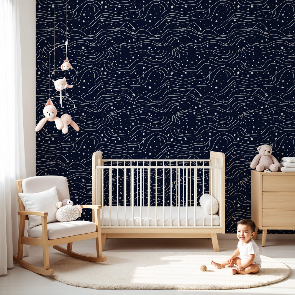 Navy blue stars and waves mural wallpaper in modern children's nursery by Kids-Mundo
