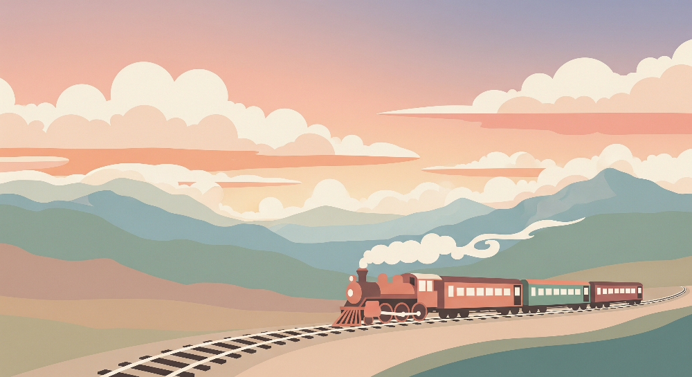 Steam Train Through Sunset Mountains Wall Mural