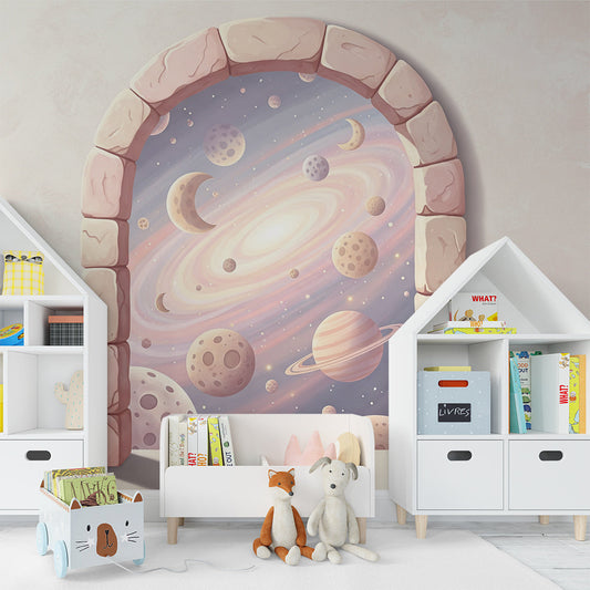 Kids-Mundo stone archway galaxy wall mural featured on a calm kids bedroom wall
