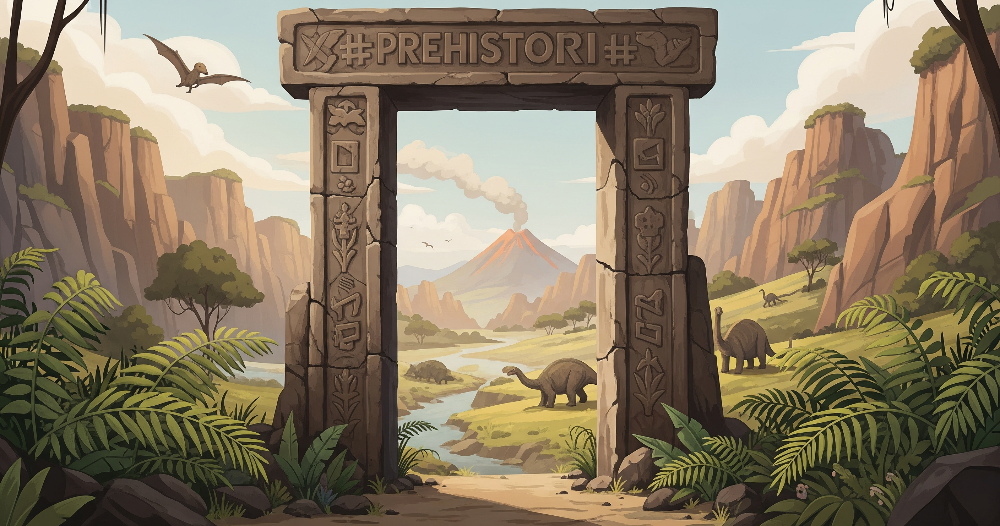 Kids-Mundo flat artwork of a carved stone gateway opening onto a volcano dinosaur valley.