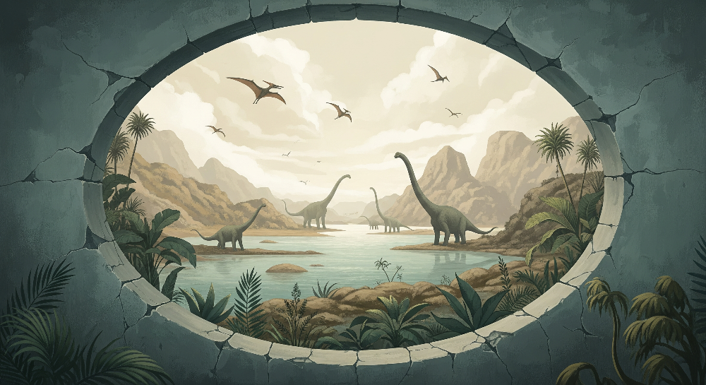 Kids-Mundo flat artwork of a cracked stone portal revealing a valley of dinosaurs by a lake.