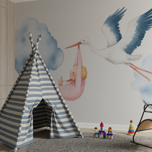 Kids-Mundo stork and baby wall mural on a child's bedroom wall, painted in gentle watercolour clouds.