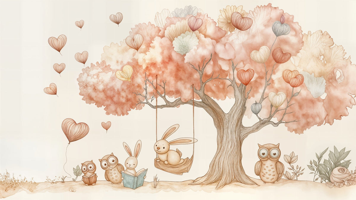 Sweet Storybook Tree with Bunnies and Owls Wall Mural