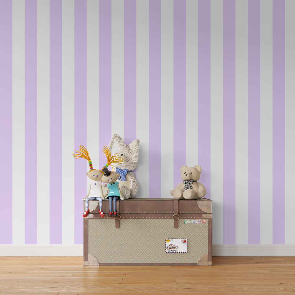Mauve striped wallpaper creating serene children's bedroom atmosphere with wooden furniture