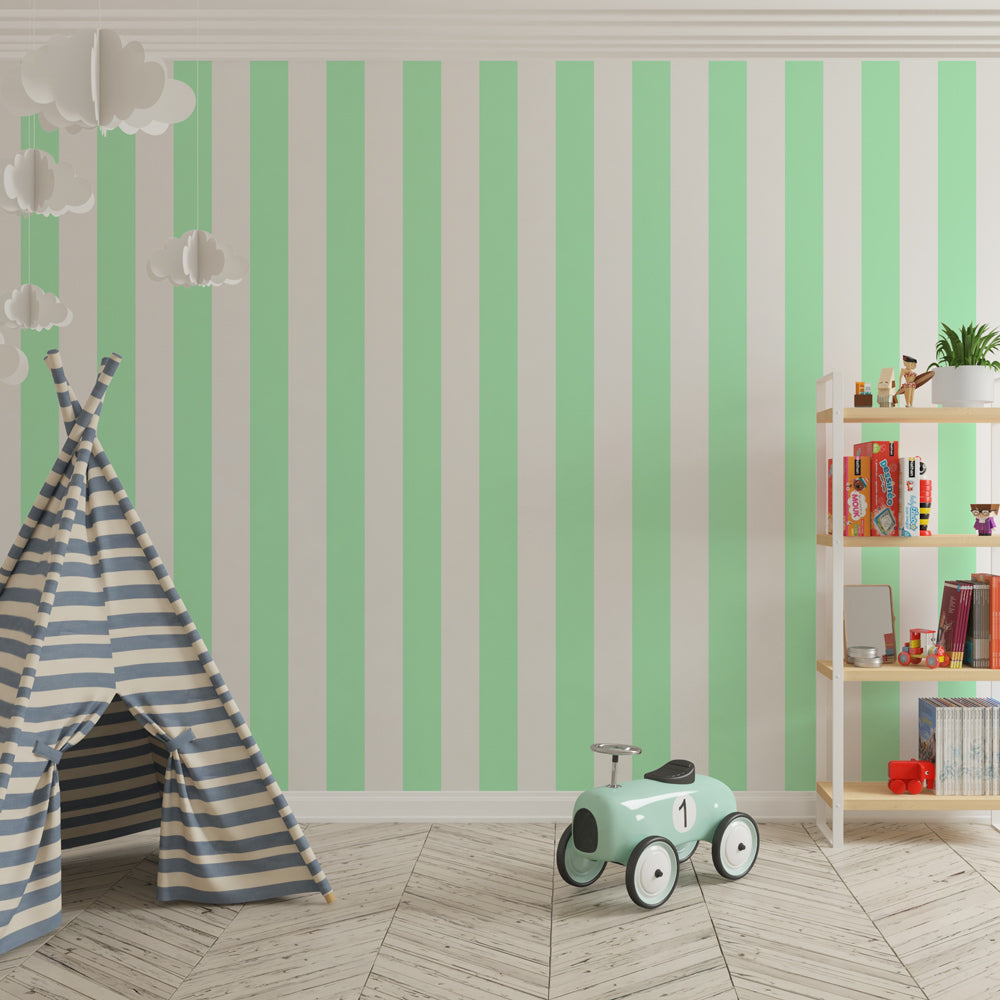 Soft green striped wallpaper creating calming atmosphere in children's bedroom