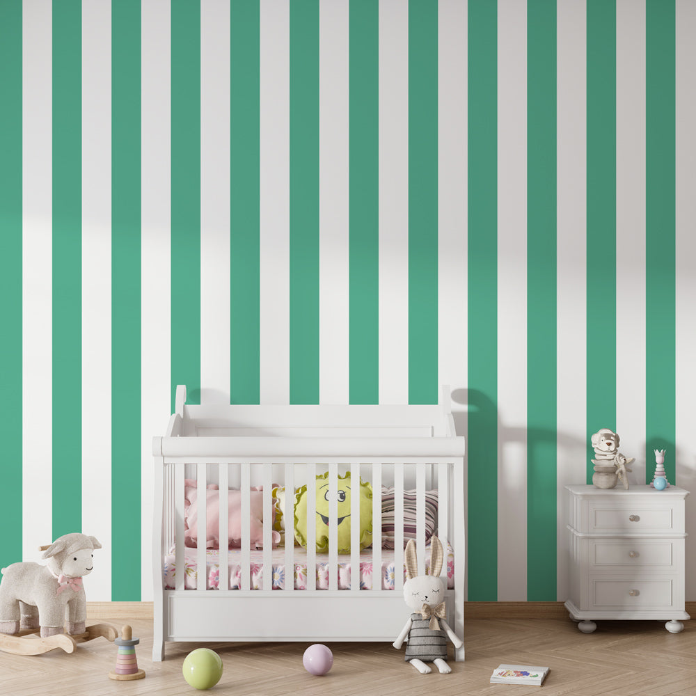 Vertical green striped wallpaper creating calm atmosphere in children's bedroom decor
