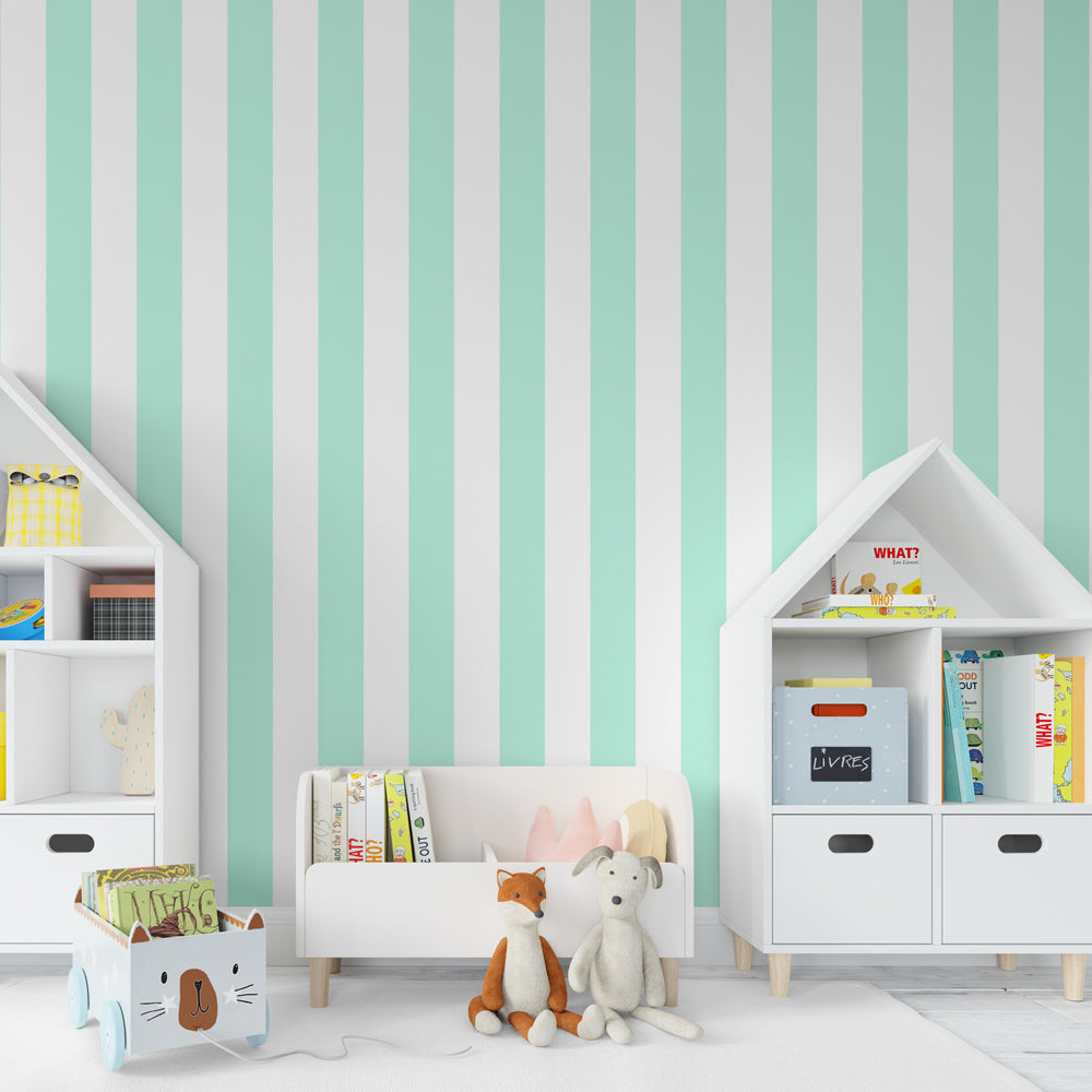 Mint green striped mural wallpaper in modern nursery with white crib by Kids-Mundo